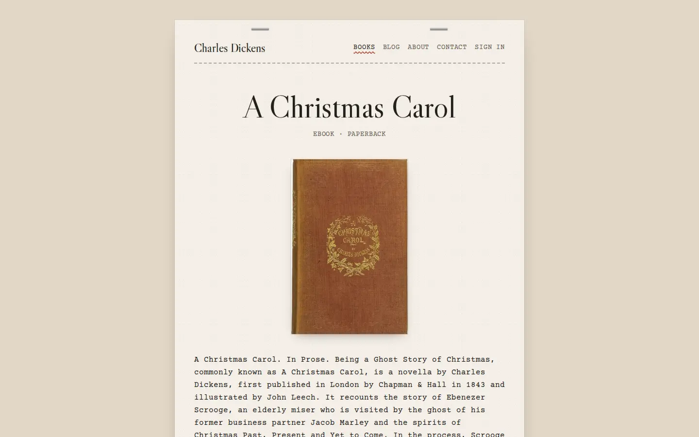 The Chapbook demo site’s book page on a desktop
