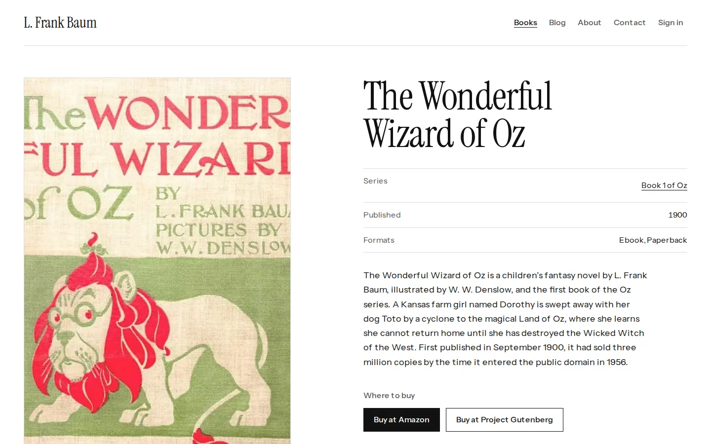 The Folio demo site’s book page on a desktop