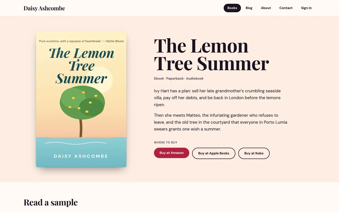 The Paperback demo site’s book page on a desktop