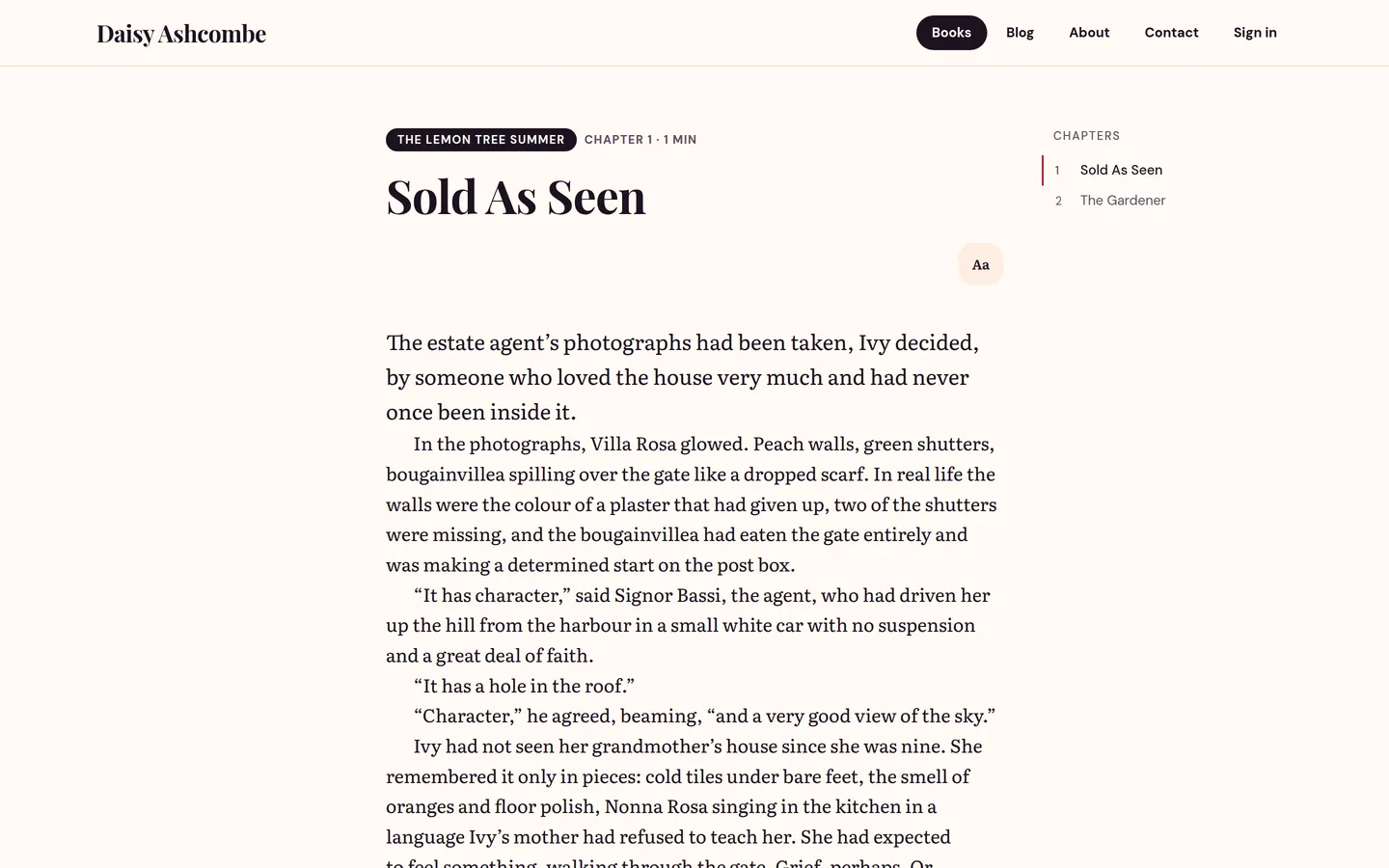 The Paperback demo site’s chapter on a desktop