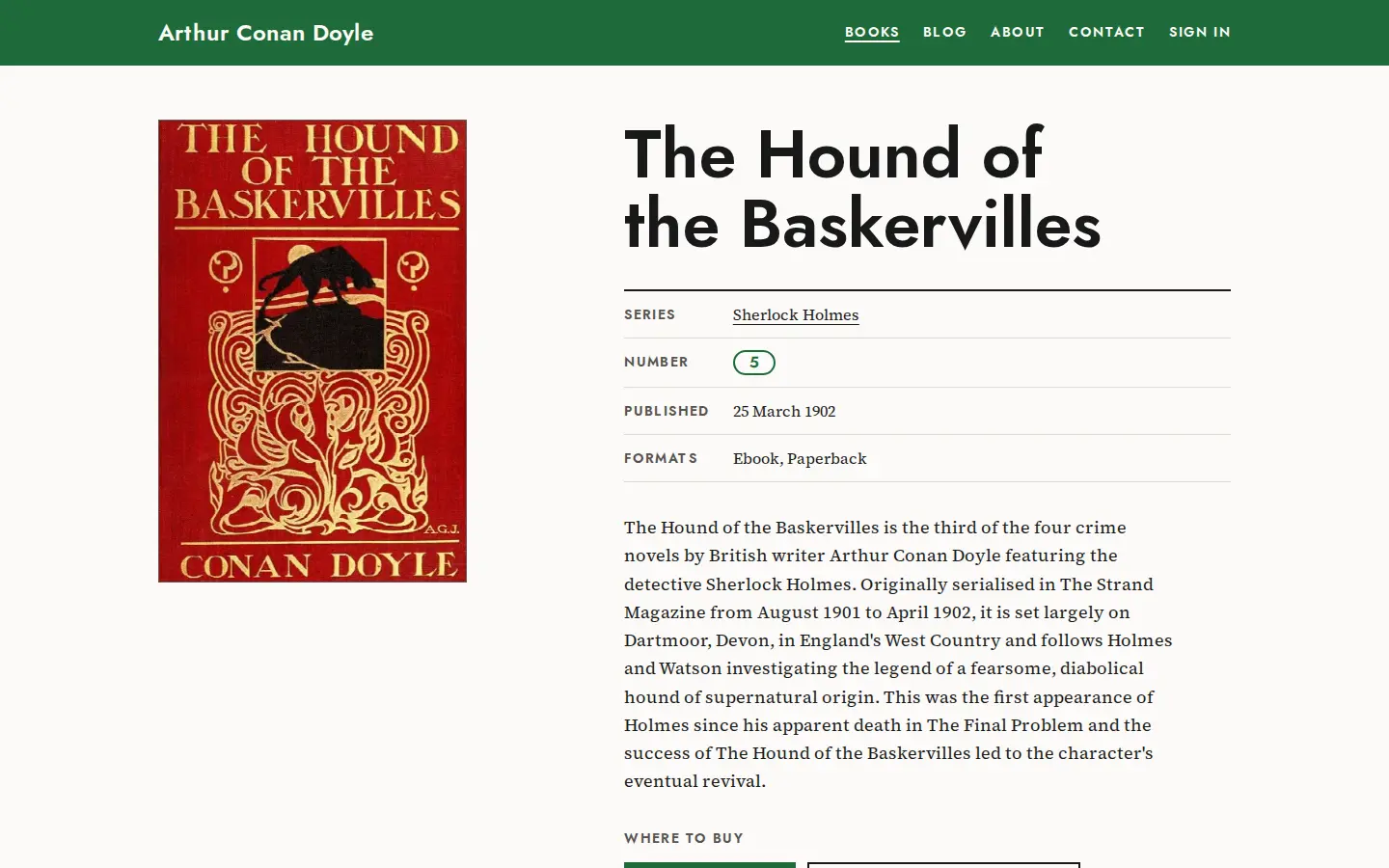 The Pocket demo site’s book page on a desktop
