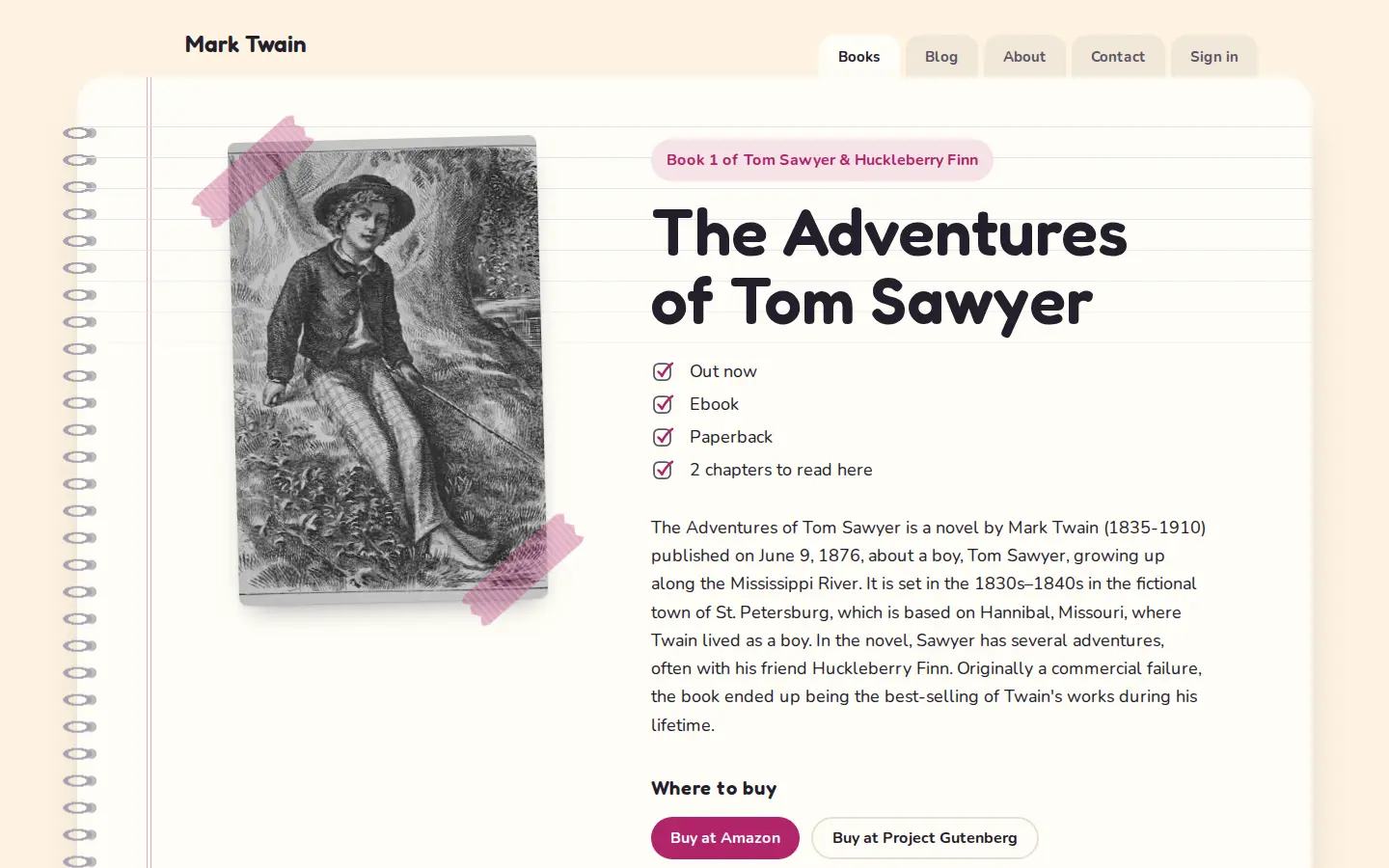 The Spiralbound demo site’s book page on a desktop