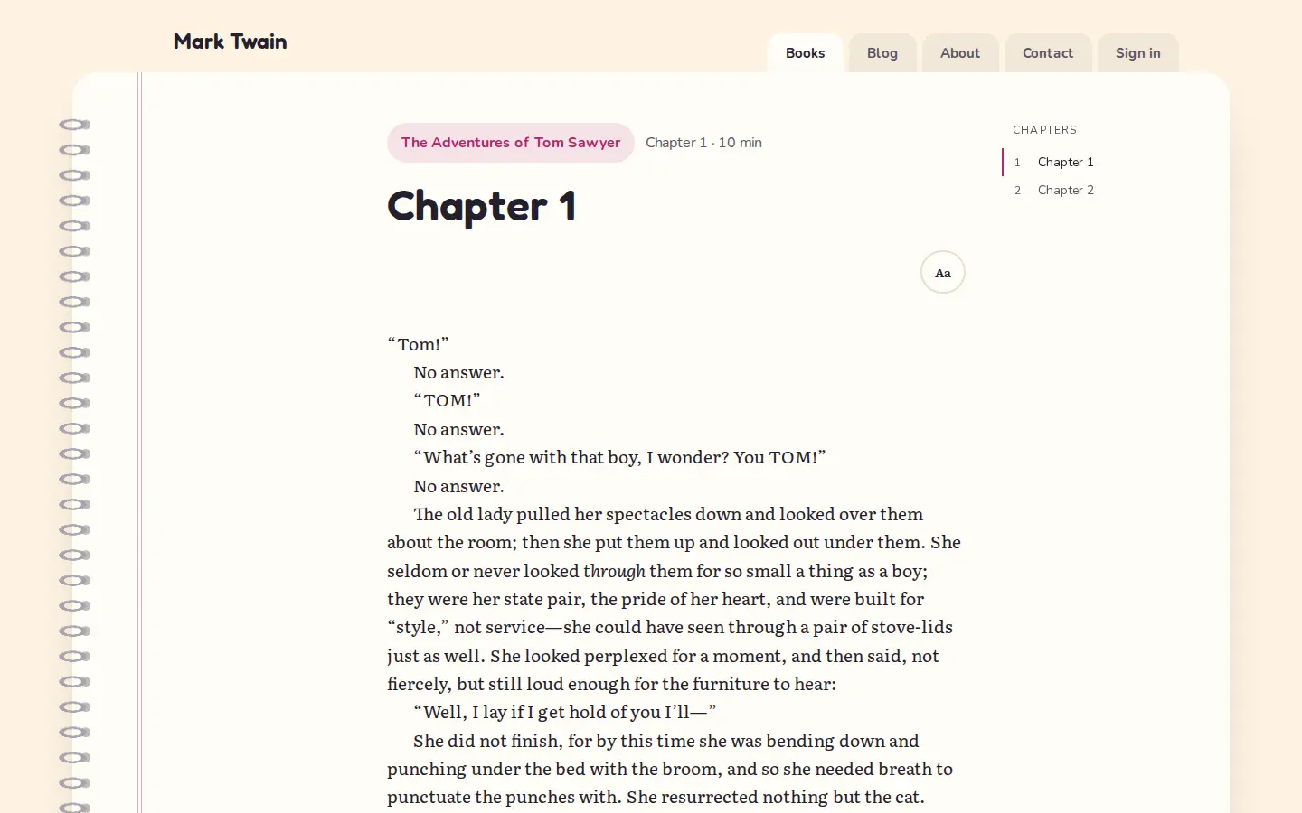 The Spiralbound demo site’s chapter on a desktop